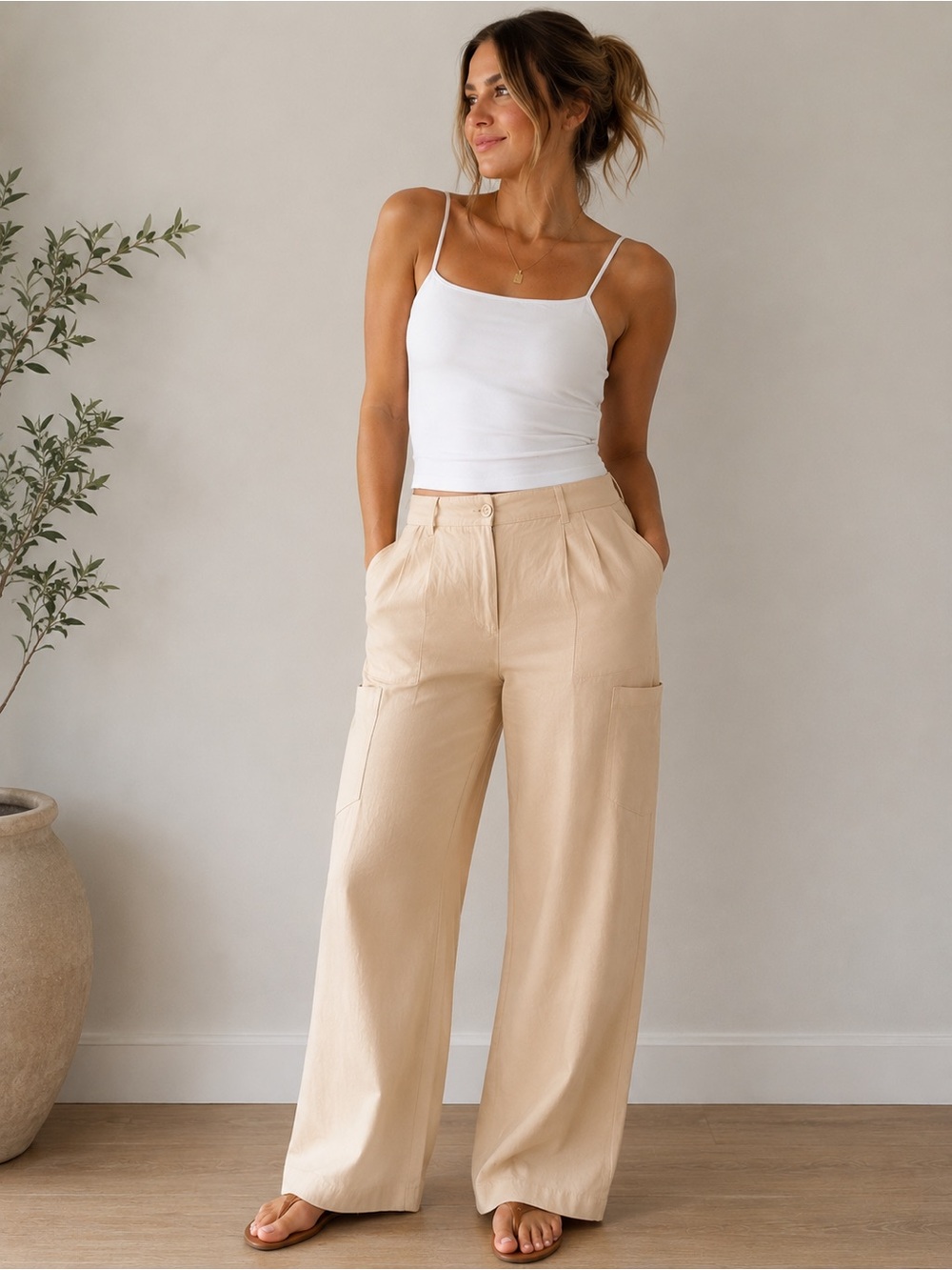 High-Rise Wide-Leg Utility Trousers in Light Beige
